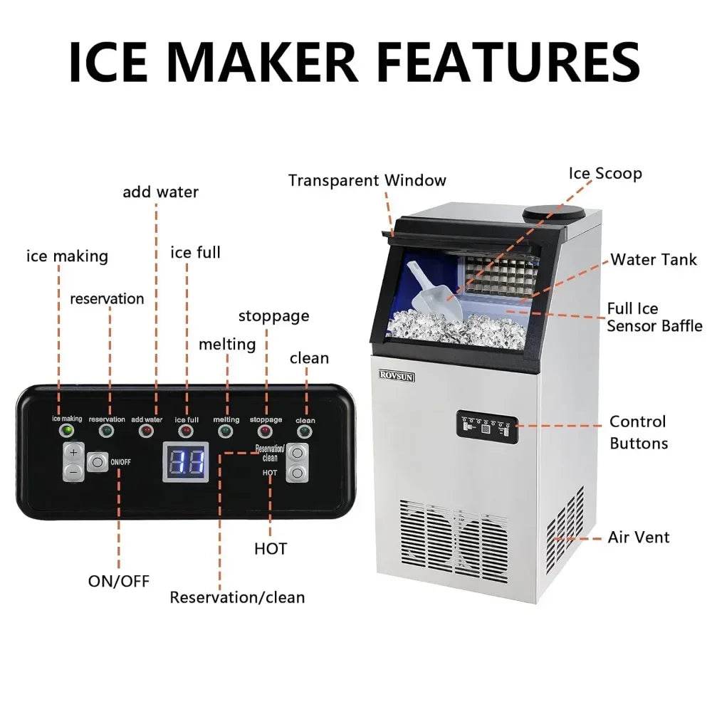 Commercial Ice Maker Machine with 2 Water Inlets, Freestanding Ice Machine with 24lbs Storage Bin, Ice Scoop & - MarvelouStoree