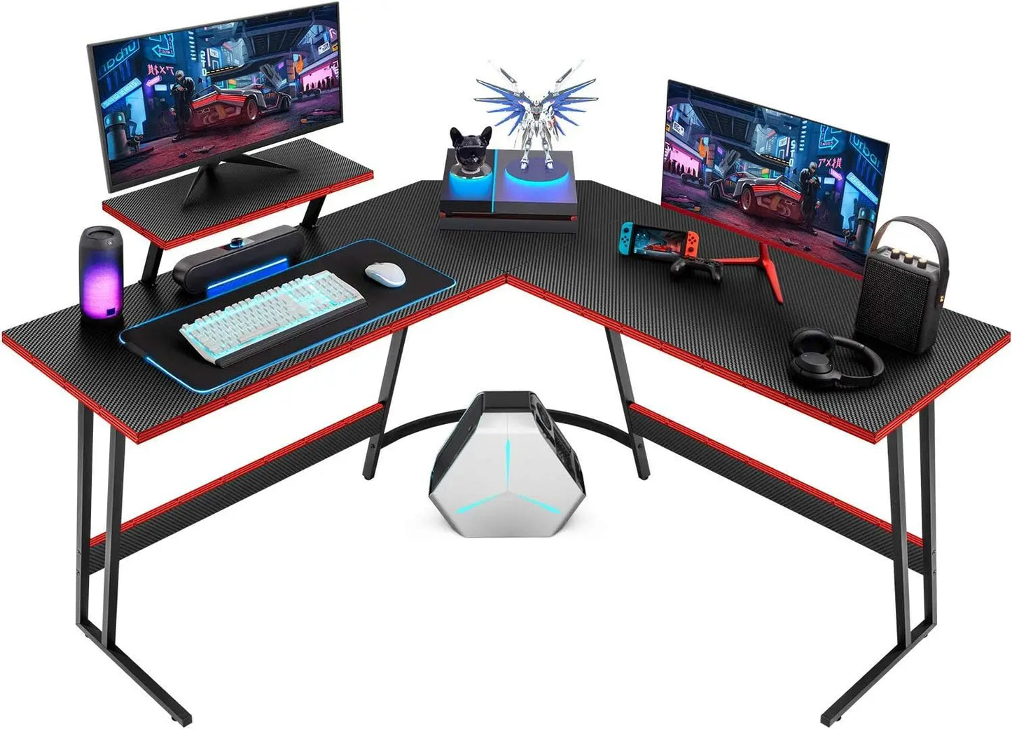 L Shaped Gaming Desk Computer Corner Desk PC Gaming Desk Table with Large Monitor Riser Stand for Home Office