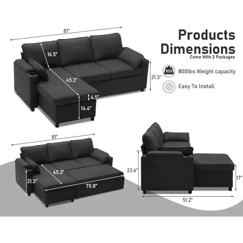 DURASPACE Sofa Bed Pull Out Couch Sleeper with Storage Chaise, with USB Charging Ports, Cup Holder - MarvelouStoree