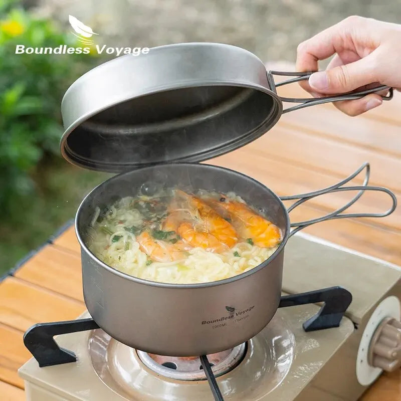 Boundless Voyage Titanium Pot Pan Set with Folding Handles Camping Cookware Hiking Outdoor Tableware