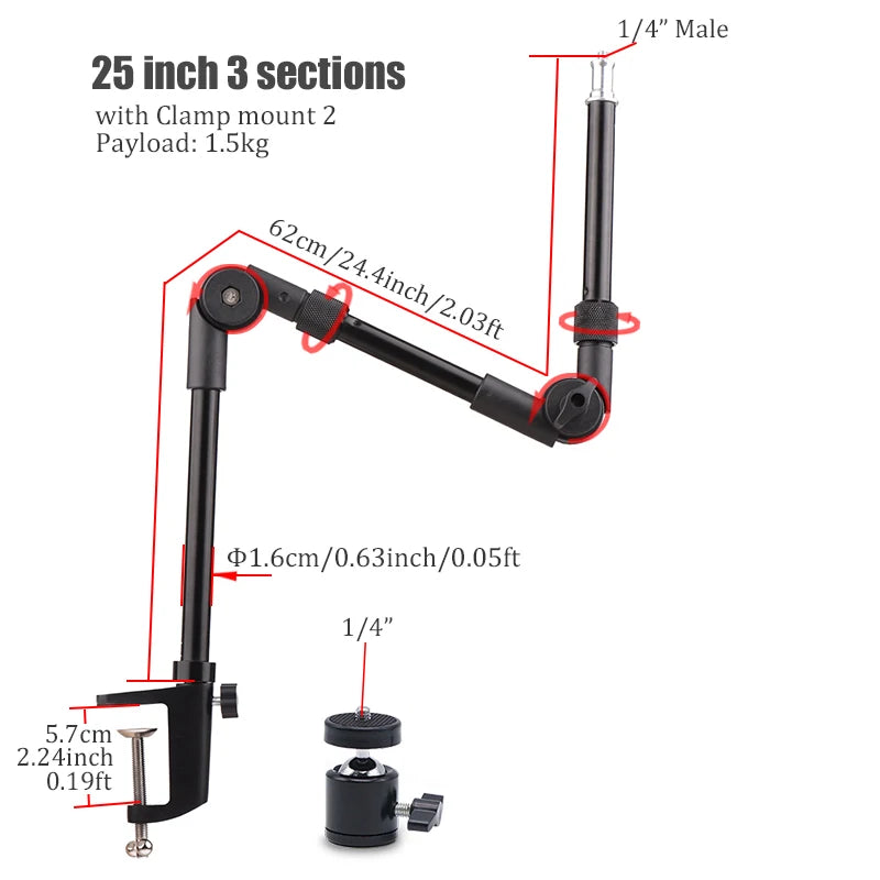 BFOLLOW Articulated Magic Arm 25" 32" Clamp Mount for DSLR Camera Camcorder Overhead Video Shooting Webcam Tablet Phone Bracket