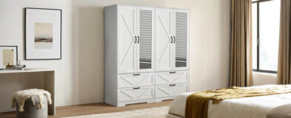 Wardrobe Closet with Mirror Door and 2 Drawer,Farmhouse Bedroom Cabinet with Hanging Rod and Light,Wooden - MarvelouStoree