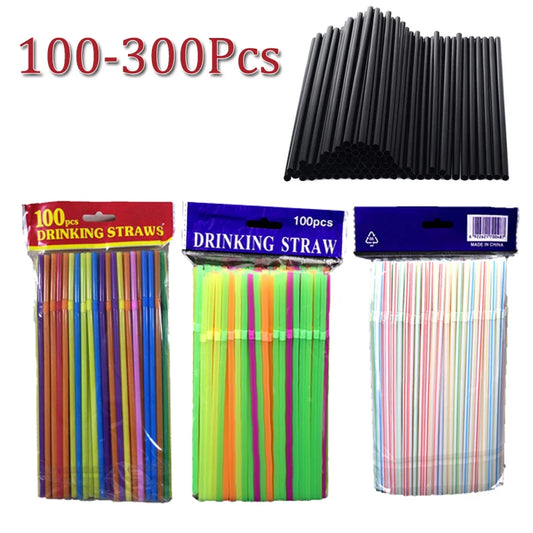 300-100Pcs Plastic Straws Disposable Rietjes For Kitchen Dining Bar Drinking Beverage Party Cocktail Supplies Accessories Black