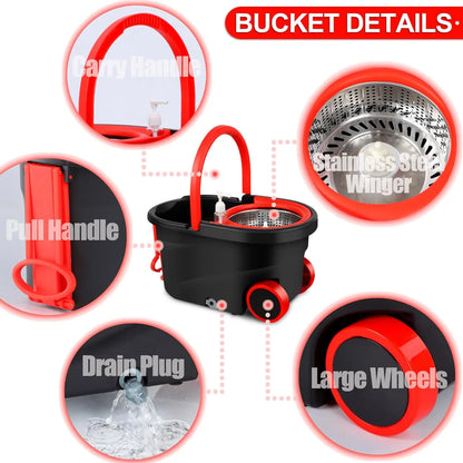 360° Spin Mop Bucket Sets Wrings System, Bucket with Wheels and 61''/155cm Extendable and Adjustable Handle, Dry wet separation