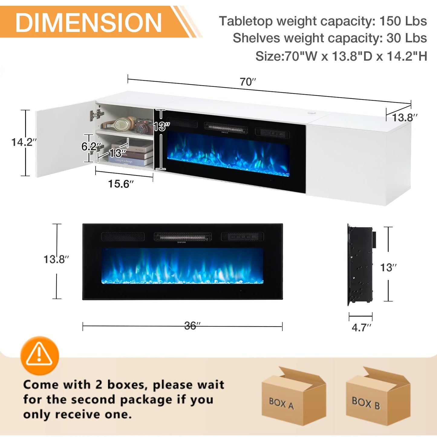 Floating Fireplace TV Stand,70" TV Cabinet,Wall Mounted Entertainment Center with 36" Electric Fireplace,Modern LED Lights Media