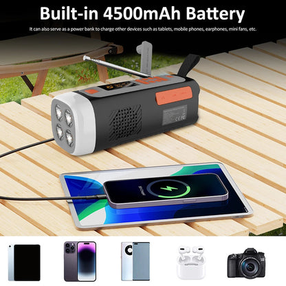 4500mAh Emergency AM/FM/SW Radio BT Speaker USB C/Solar/Hand Crank Charging Portable Radio with Flashlight SOS Alarm for Camping