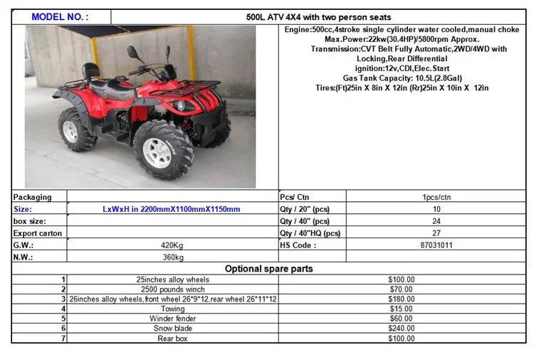 ENGINE WITH EEC QUAD Bike 500cc ATV 4x4 for 2 persons - MarvelouStoree