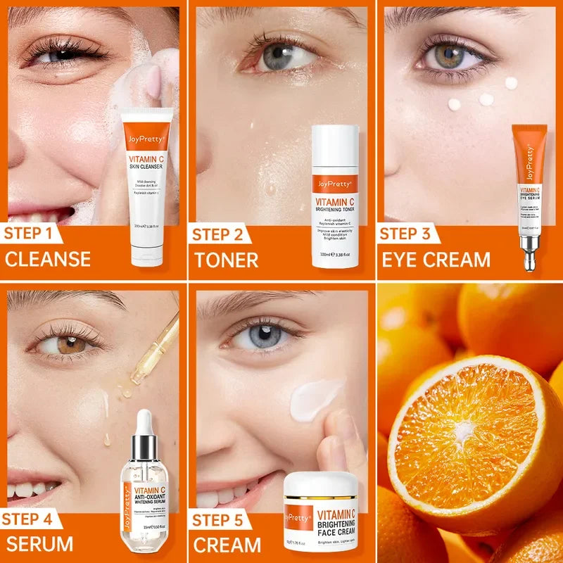 JoyPretty Vitamin C for Face Whitening Dark Spots Removal Cream Skincare Kits Eye Lightening Moisturizing Facial Serum Skin Care