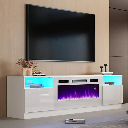 TV Stand with Fireplace, LED Light Entertainment Center 36" 70" Modern Wood Highlight Storage Cabinet for TVs up to 80", White