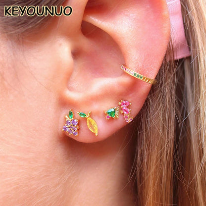 KEYOUNUO Gold Filled Stud Earrings Set For Women Ear Cuffs Colorful Zircon Dangle Hoop Earrings Fashion Party Jewelry Wholesale