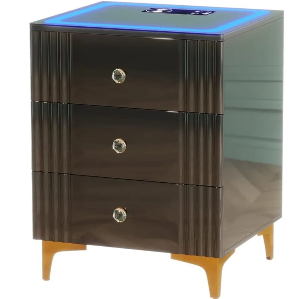 Bedside Table With Wireless Charging Station Bedroom Furniture Smart Glossy Nightstand With 3-color Dimmable Auto-sensor Light