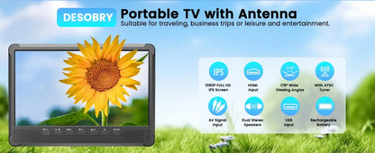 10.6" Small TV, 1080P Portable TV with Detachable Antenna, Mini TV with IPS Display, Rechargeable Battery Operated