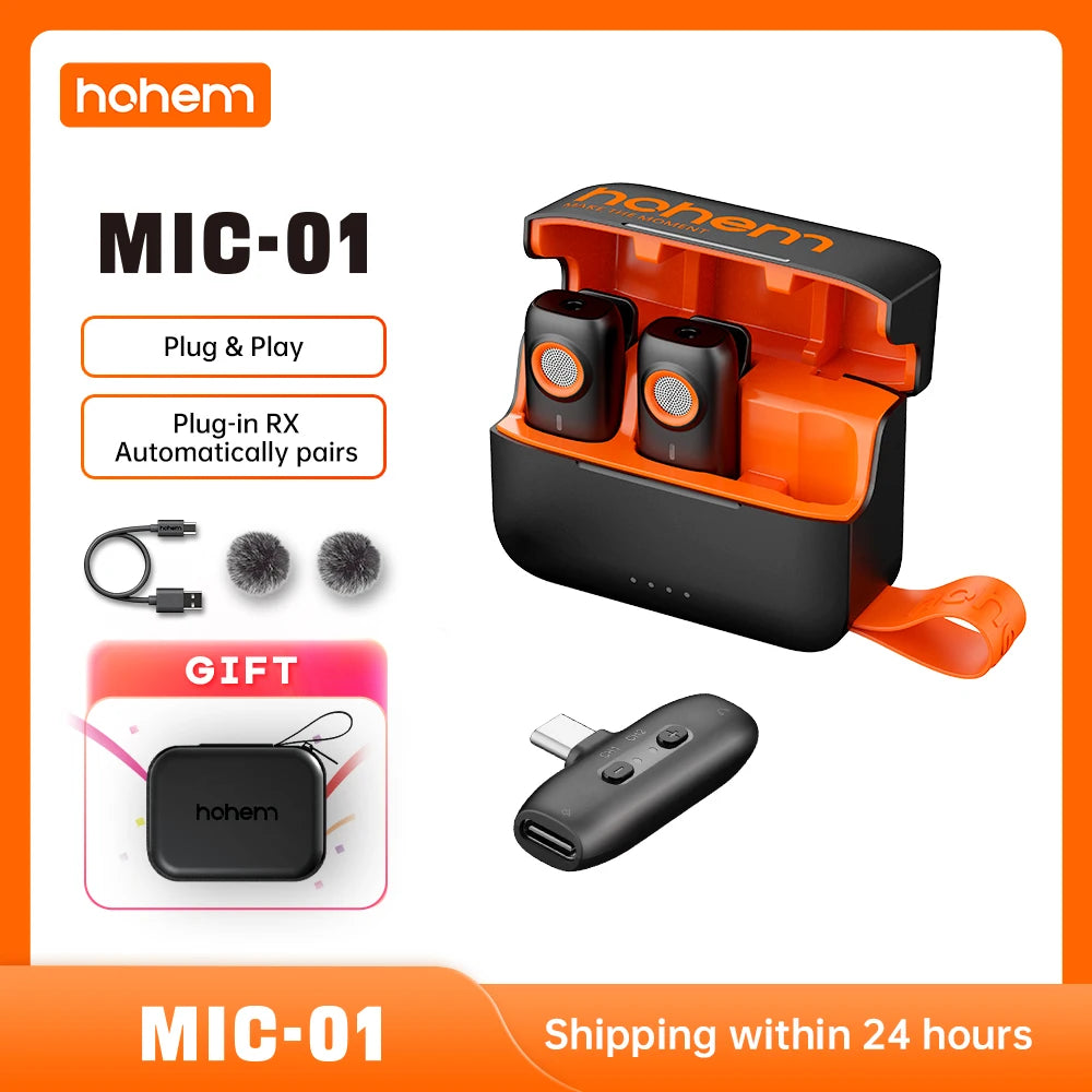 Hohem MIC-01 wireless Lavalier Microphone, Noise Canceling Recording, 20 hours battery life, for iPhone, Android, Live Streaming