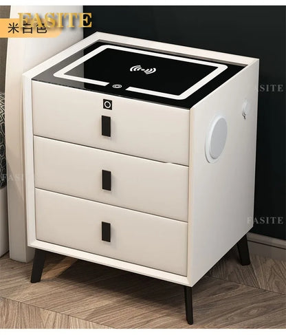 3 Drawers Smart Bedside Table with Wireless Charging Solid Wood Bedroom End with Fingerprints Lock Hotel Nightstands