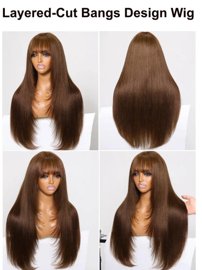 Unice Yaki Straight 4x2 Lace Wig #4 Brown Color Human Hair Wig With Bangs Layered Cut Glueless Wigs Human Hair Ready To Wear