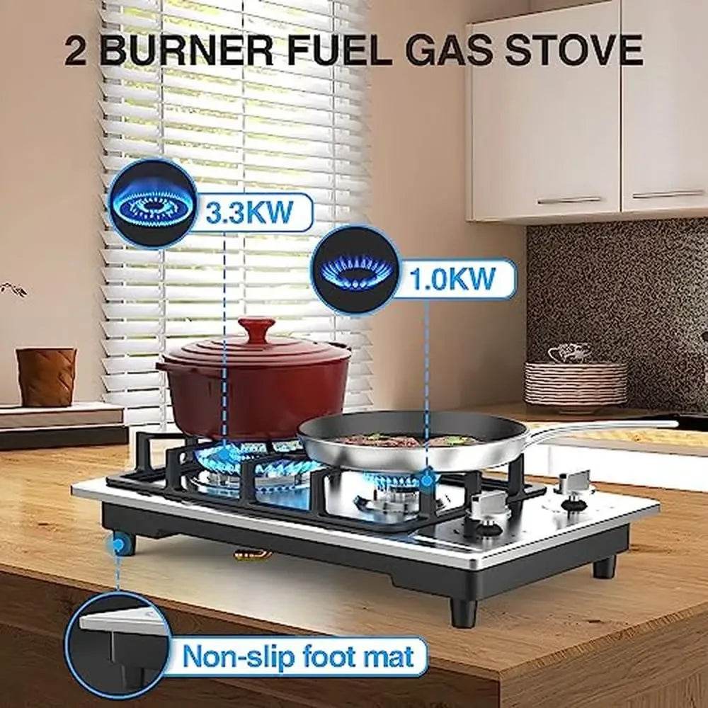 Portable Gas Cooktop Stainless Steel 2 Burner Stove Dual Fuel Built-in RVs and Apartments - MarvelouStoree