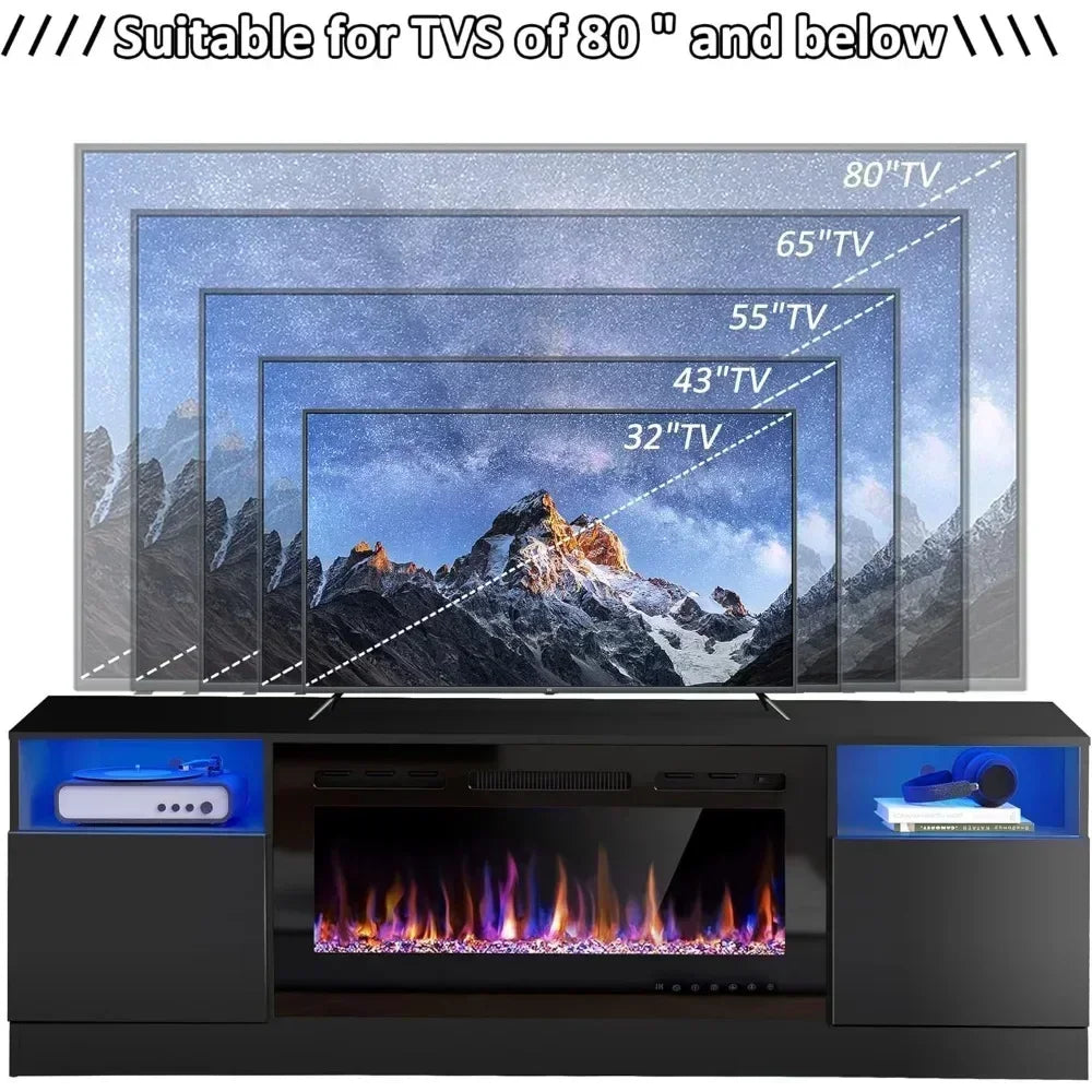 70"FireplaceTV Stand for TVs Up to 80" with 36" Electric Fireplace,TV Console for The Living Room,LED Light Entertainment Center