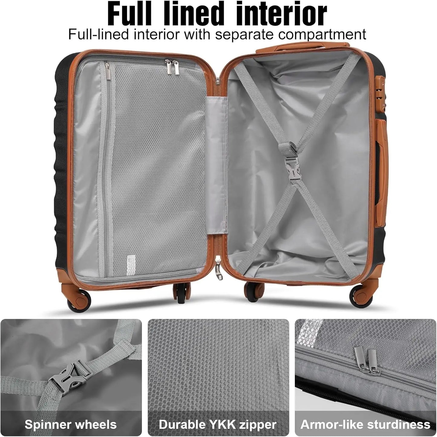 Luggage Set 4 Piece Luggage ABS hardshell TSA Lock Spinner Wheels Luggage Carry on Suitcase WHITE-BROWN, 6 piece set