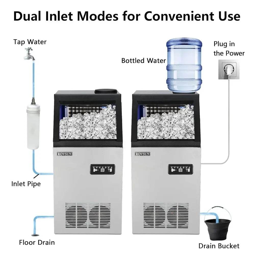 Commercial Ice Maker Machine with 2 Water Inlets, Freestanding Ice Machine with 24lbs Storage Bin, Ice Scoop & - MarvelouStoree