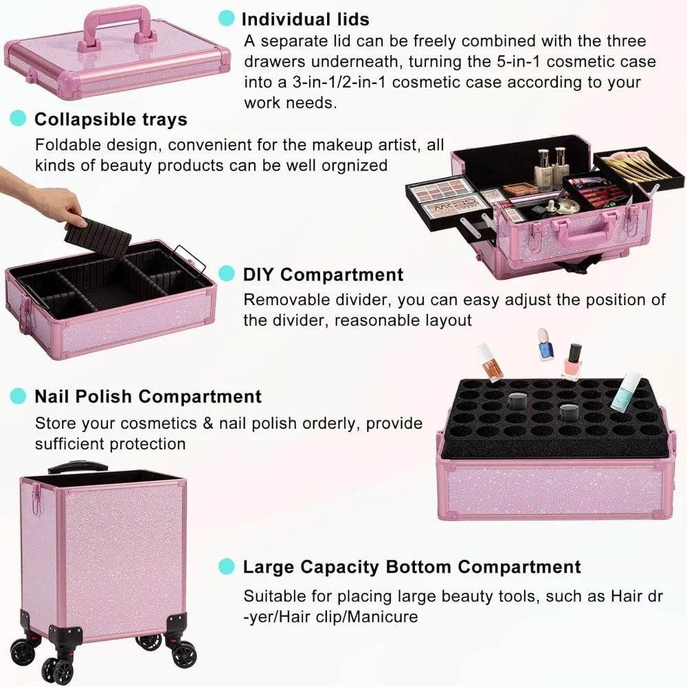 Rolling Makeup Train Case Large Storage Cosmetic Trolley 5 in 1 Large Capacity Trolley Makeup Travel Case with Key Swivel Wheels - MarvelouStoree