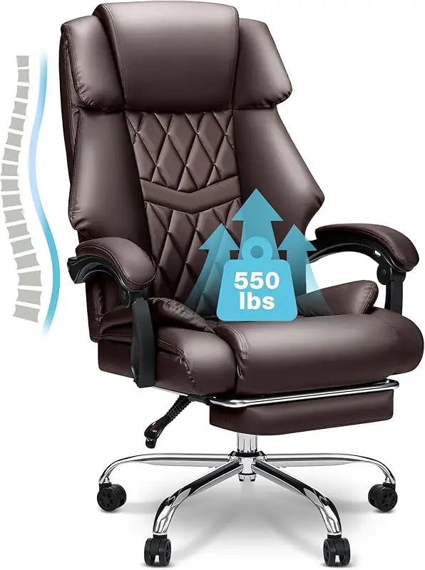 550lbs Reclining Office Chair with Footrest for Heavy People Soft Leather Computer Desk Chairs with High Back Armrest, Black