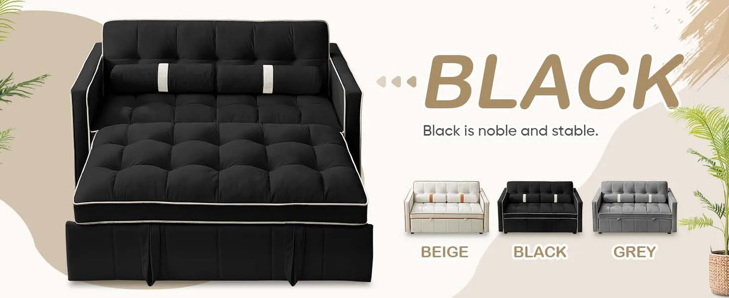 3 in 1 Sleeper Sofa Couch Bed Small Tufted Velvet Convertible Loveseat Futon Sofa w/Pullout Bed Adjustable Backrest Cylinder