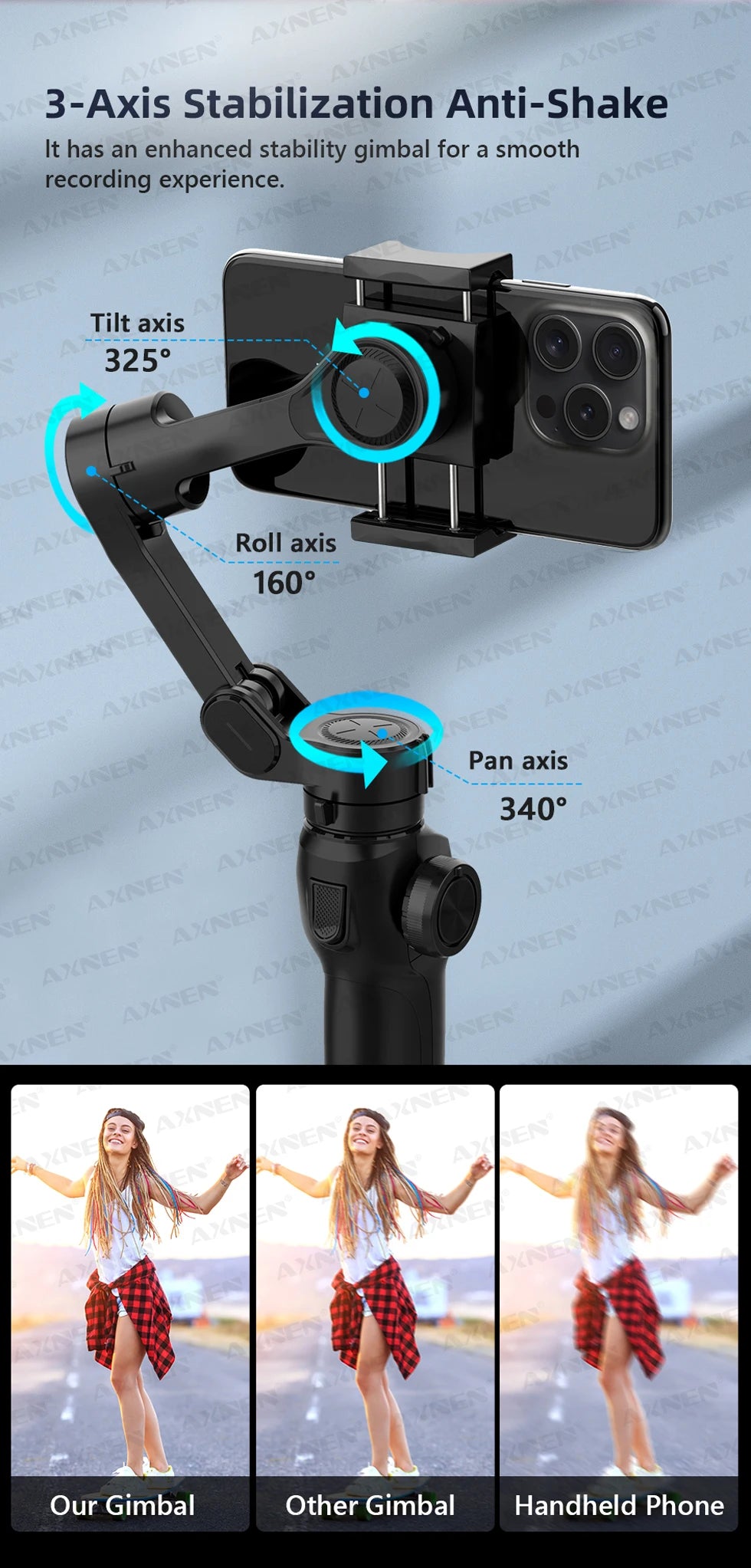 3-Axis Gimbal Stabilizer for Smartphone, Built-In Extension Rod,Portable and Foldable, for iPhone Android Phone Vlog Live Video