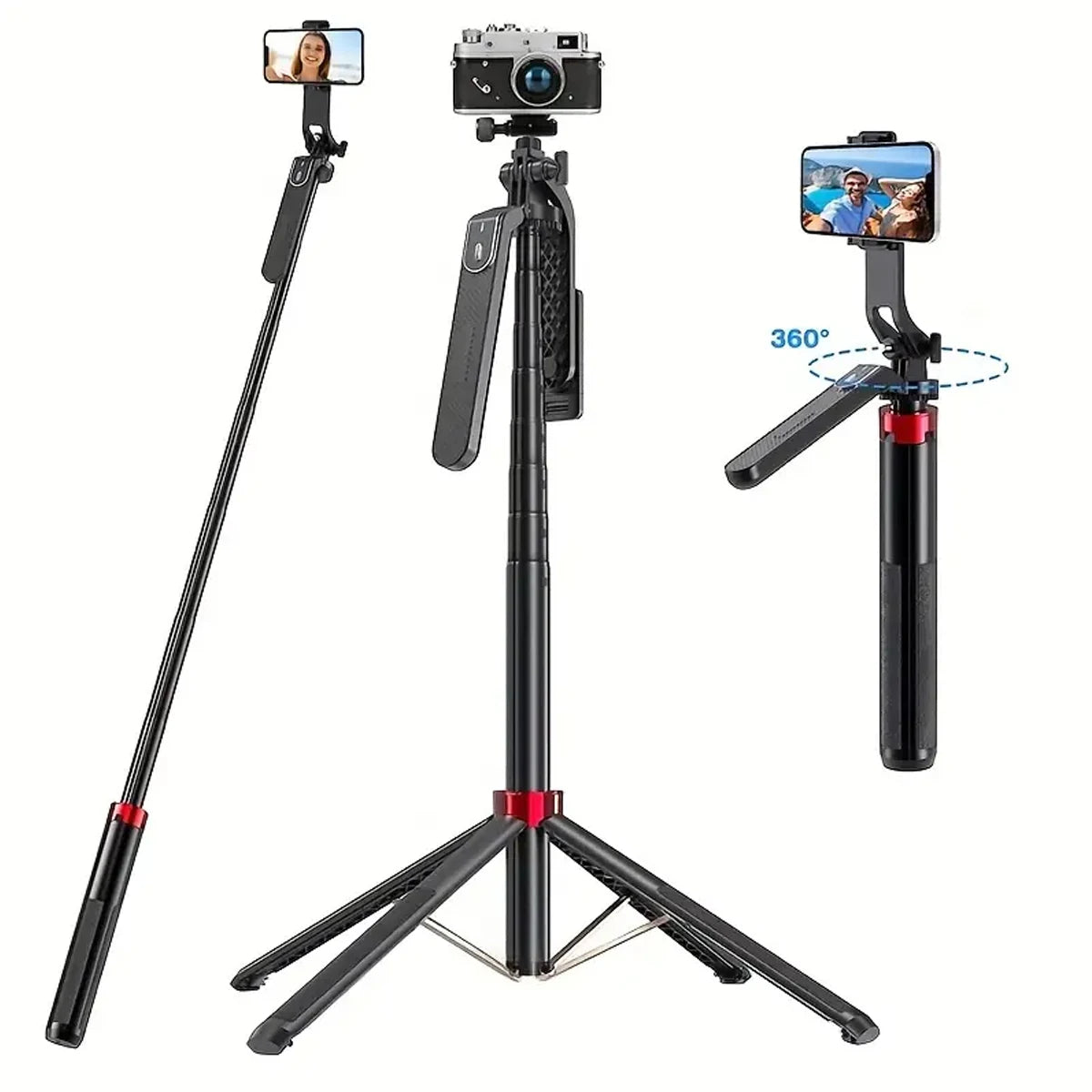 Portable camera tripod with wireless remote control and 360 ° rotation for video recording, video recording, and live streaming