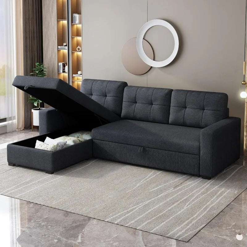 81.5" Sectional Sleeper Sofa with Storage Chaise, L Shaped Pull Out Couch Bed with 3 Removable Back Cushion for Living Room,Apar