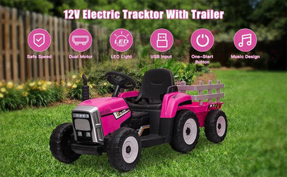 12V Kids Electric Ride on Tractor Car & Trailer W/MP3 Player & LED Light Remote Control Battery Powered Gift for Xmas - MarvelouStoree