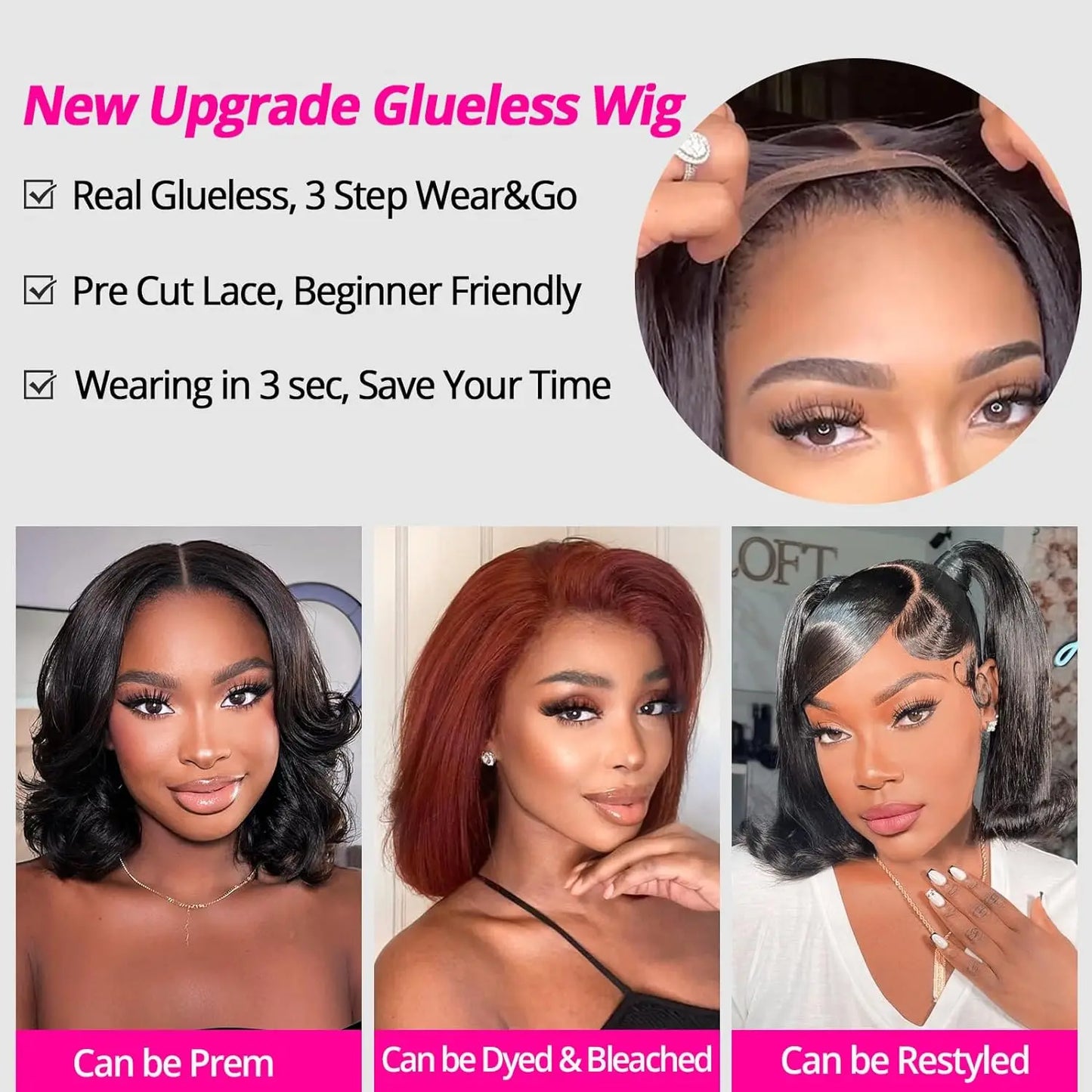 Put on and Go Glueless Wig Human Hair Pre Plucked Pre Cut Lace Bleached Knots Straight Short Bob Wigs Human Hair For Black Women