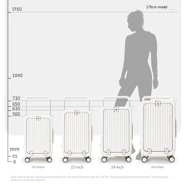 20"22"24"26 Inch Travel Suitcase Multifunctional Front Open Cover Trolley Case with Cup Holder Boarding Box Rolling Luggage