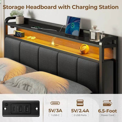 Rolar Bed Frame Queen Size with Charging Station and LED Lights,Upholstered Storage Headboard with Drawers,Heavy Duty Metal - MarvelouStoree