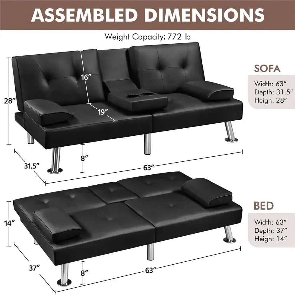 Leather Recliner Reversible Loveseat Folding Daybed Guest Bed, Removable Armrests, Cup Holders, 3 Angles, 772lb Capacity, Black