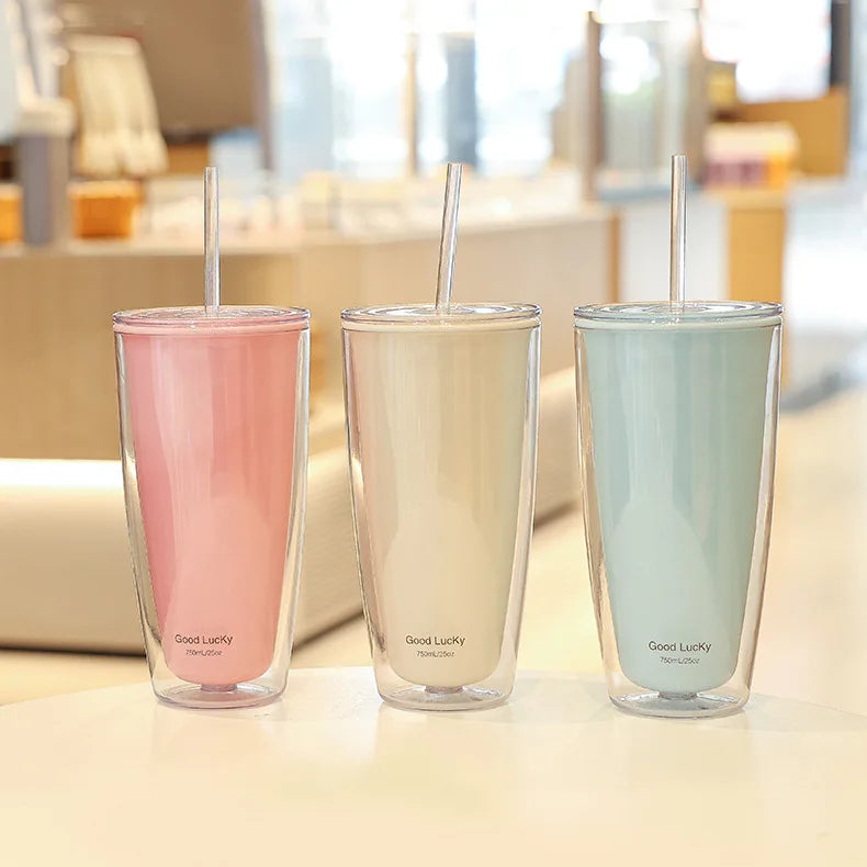 750ml Plastic Straw Cups Double-Layer with Straw Large Capacity Reusable Water Bottle for Drinking Coffee Mug Juice Milk Cup