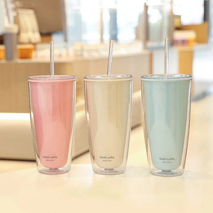 750ml Plastic Straw Cups Double-Layer with Straw Large Capacity Reusable Water Bottle for Drinking Coffee Mug Juice Milk Cup