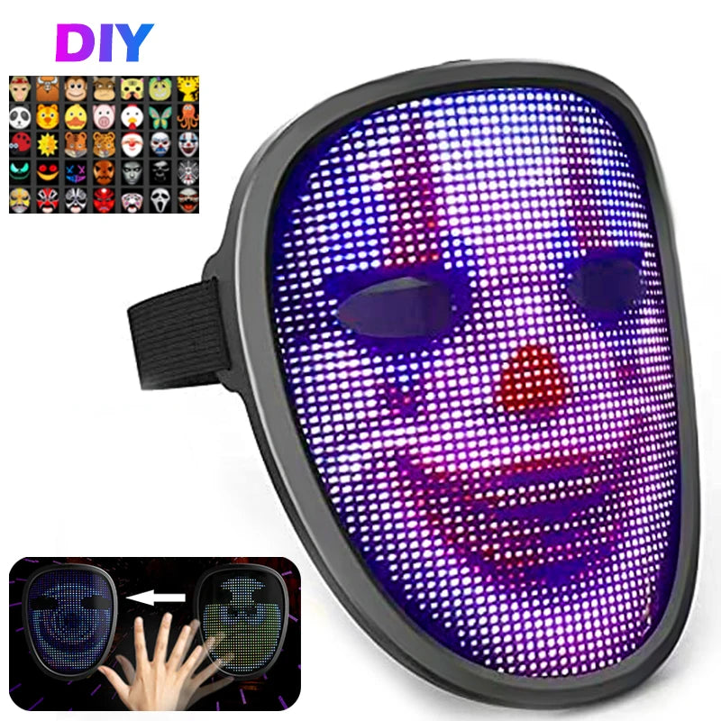 LED Glow Mask With Gesture Sensing RGB Full Color Variable Face DIY Photo Animated Editing Maske Halloween Gift For Party Rave