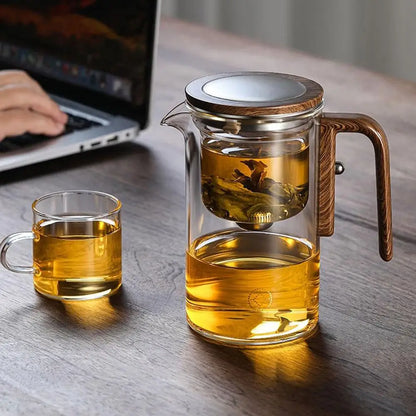 Water Separation Inner Container Teapot One Click Magnetic Switch Tea Separation Filtration Glass Tea Pot Wood Handle Tea