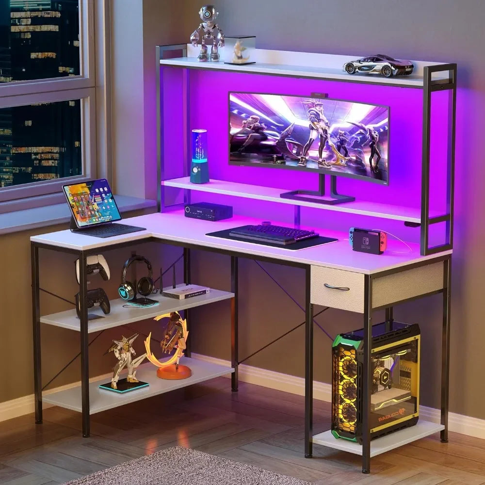 Gaming Desk with LED Light & Power Outlets, 47 Inch with Shelves, Reversible L Shaped, Monitor Stand, Computer Desk