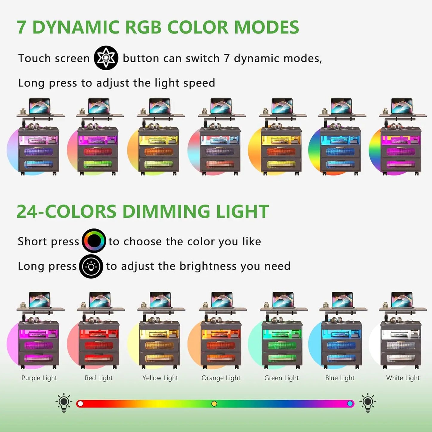 LED Nightstand with Wireless Charging Station, Modern Bed Side Table with RGB Dazzling Lights, Smart Night Stand