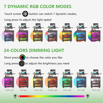 LED Nightstand with Wireless Charging Station, Modern Bed Side Table with RGB Dazzling Lights, Smart Night Stand