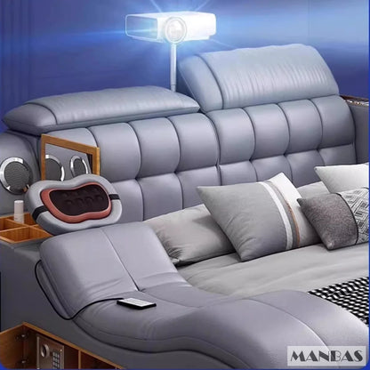 Linlamlim Luxury King Size Genuine Leather Bed / Tech Smart Bed / Multifunctional Ultimate Beds / Massage Bed with USB,Projecter