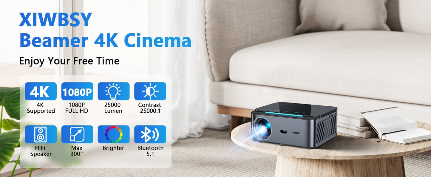 XIWBSY 25000 Lumens Android 4K Projector 1080P Native WiFi6 Auto Focus/Keystone Projector Office Home Theater Beamer Proyector