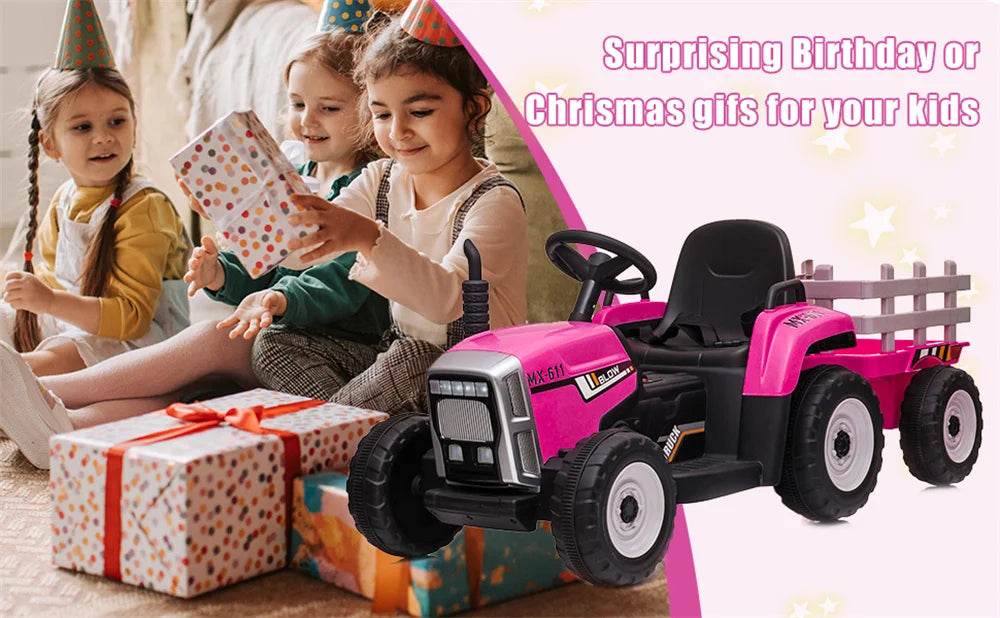 12V Kids Electric Ride on Tractor Car & Trailer W/MP3 Player & LED Light Remote Control Battery Powered Gift for Xmas - MarvelouStoree