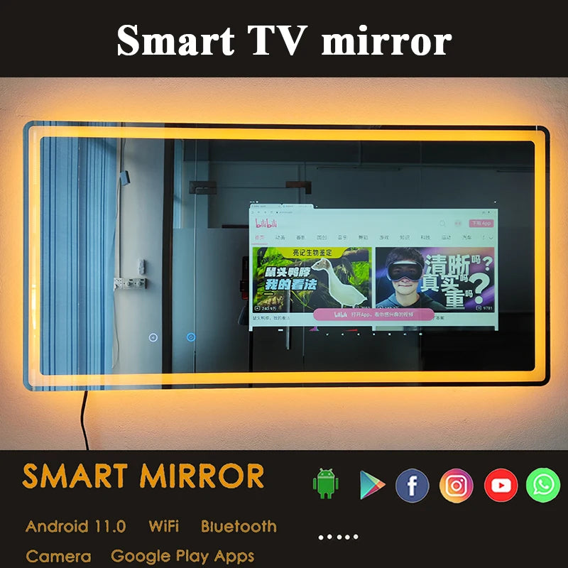 Smart Mirror Android, Touch Screen Wall Decorative Vanity Bath Mirror Rectangle Led Lighted Makeup Backlit Hotel Bathroom