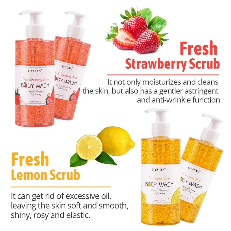 Fruit Scrub Shower Gel Exfoliating Soothing Whitening Body Wash Lightening Pore Deep Clean Skin Moisturizing Bath Foam Organic