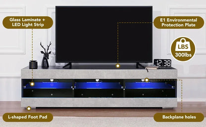 LED TV Stand for 65 inch TV Grey Black TV Stand with Led Lights Modern TV Entertainment Center with Glass Shelves TV