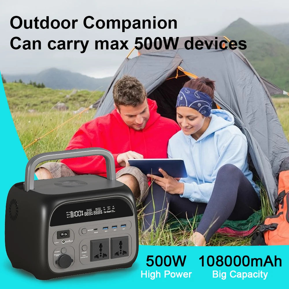 500W Portable Power Station 345.6Wh 108000mAh Solar Generator LiFePo4 Batteries 220V Energy Storage Supply Camping Campervan RV