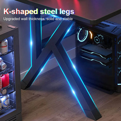 Gaming Desk, Ergonomic Computer Game Table with X-shaped Steel Legs, Sturdy PC Workstation Desk for Home Office with Cable Holes - MarvelouStoree