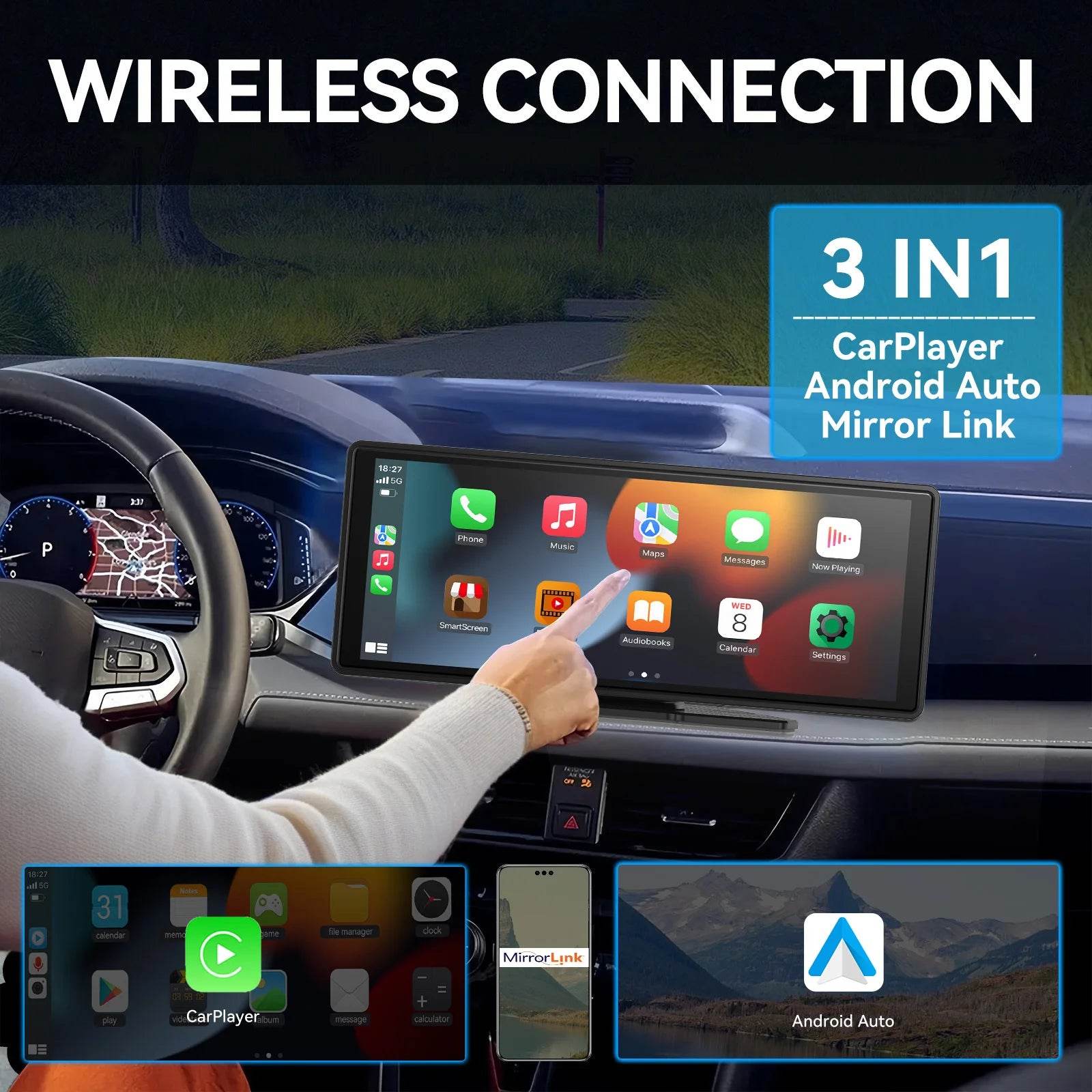 Universal Portable Carplay for Car Screen, Wireless Carplay Screen Wireless Car Stereo with Carplay Android Auto, Car Touchscree - MarvelouStoree